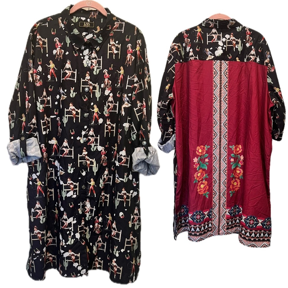 Pinup Cowgirl Shacket Jacket Shirt Dress Coverup 3X Floral Southwest Retro